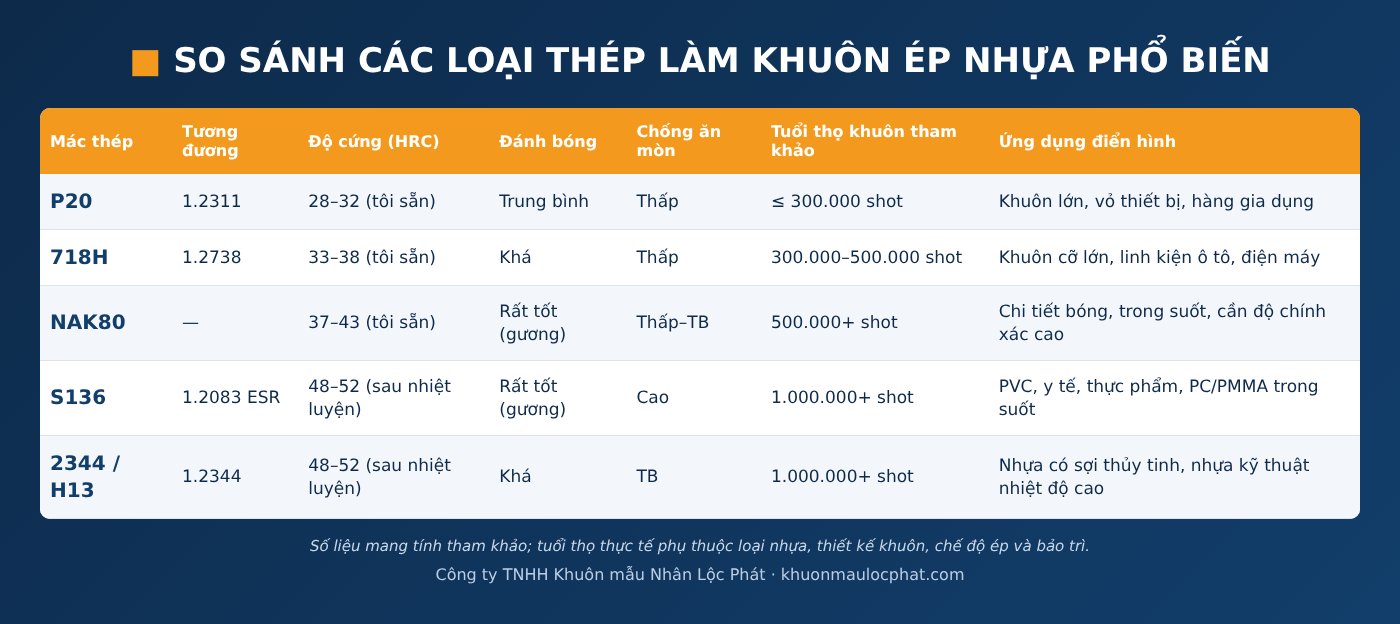 So sánh các loại thép làm khuôn ép nhựa P20, 718H, NAK80, S136, 2344