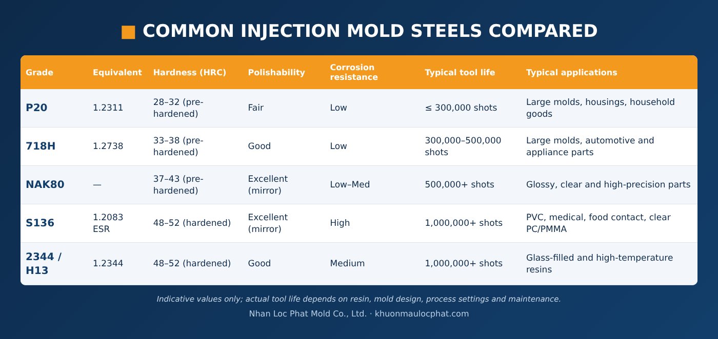 Comparison of injection mold steels P20, 718H, NAK80, S136, H13